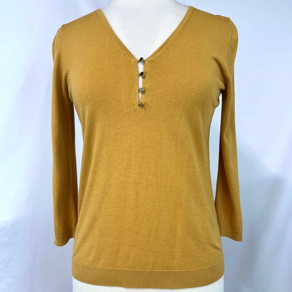 MASSIMO DUTTI Cotton Silk V Neck Henley Sweater Gold Women's S Preppy Minimalist